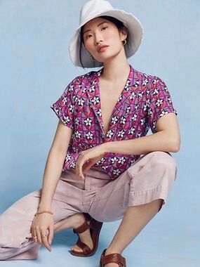 Maeve x Anthropologie Pink Floral Bon Voyage Button Down Blouse Camp Shirt Large